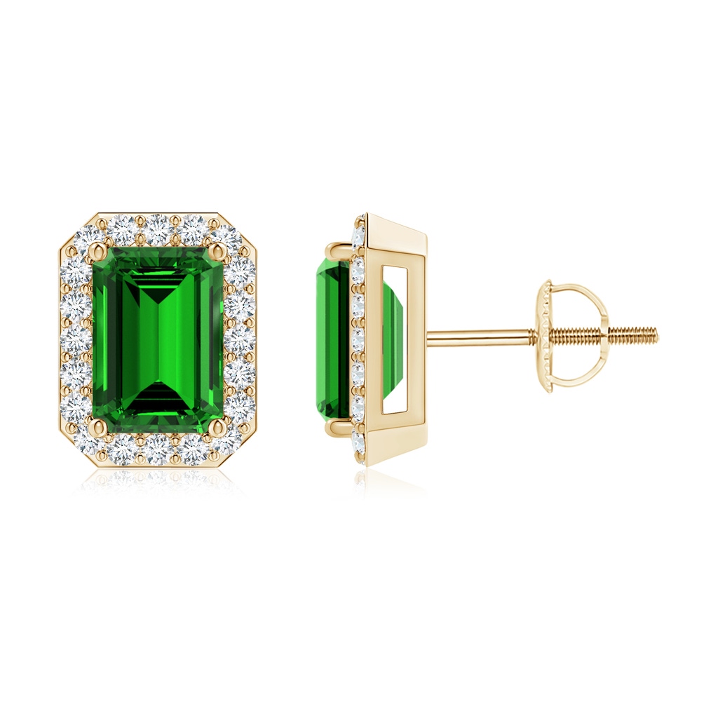 7x5mm Labgrown Lab-Grown Emerald-Cut Emerald Stud Earrings with Diamond Halo in Yellow Gold