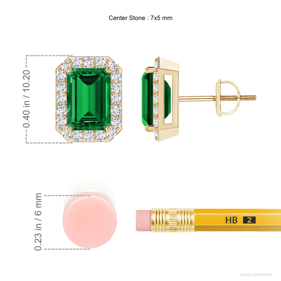 7x5mm Labgrown Lab-Grown Emerald-Cut Emerald Stud Earrings with Lab Diamond Halo in Yellow Gold ruler