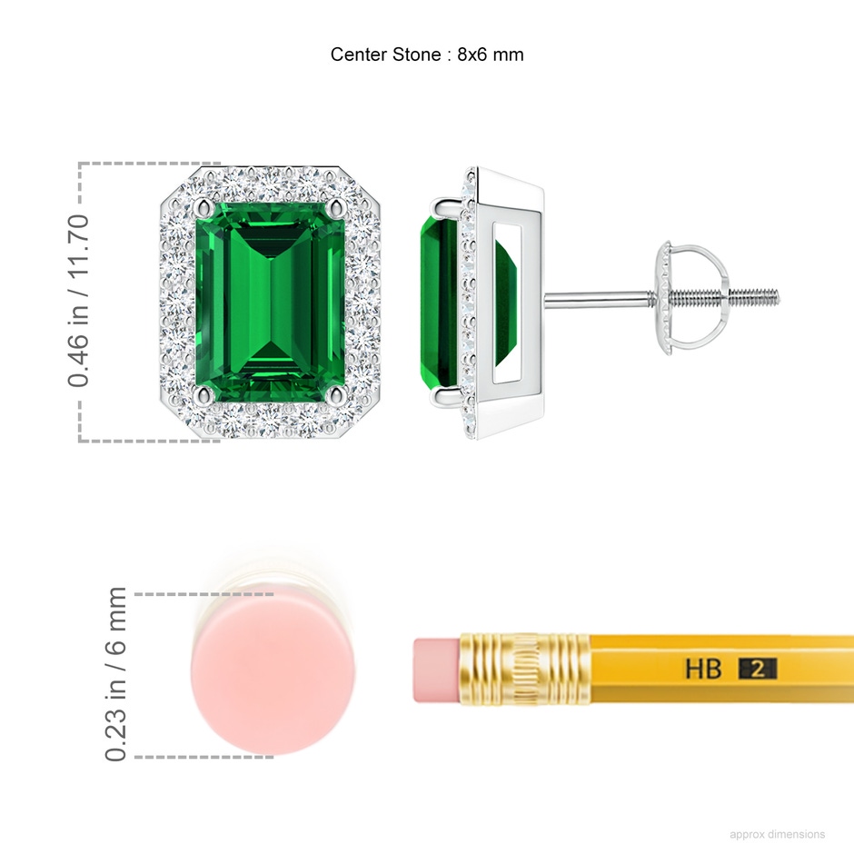 8x6mm Labgrown Lab-Grown Emerald-Cut Emerald Stud Earrings with Lab Diamond Halo in P950 Platinum ruler
