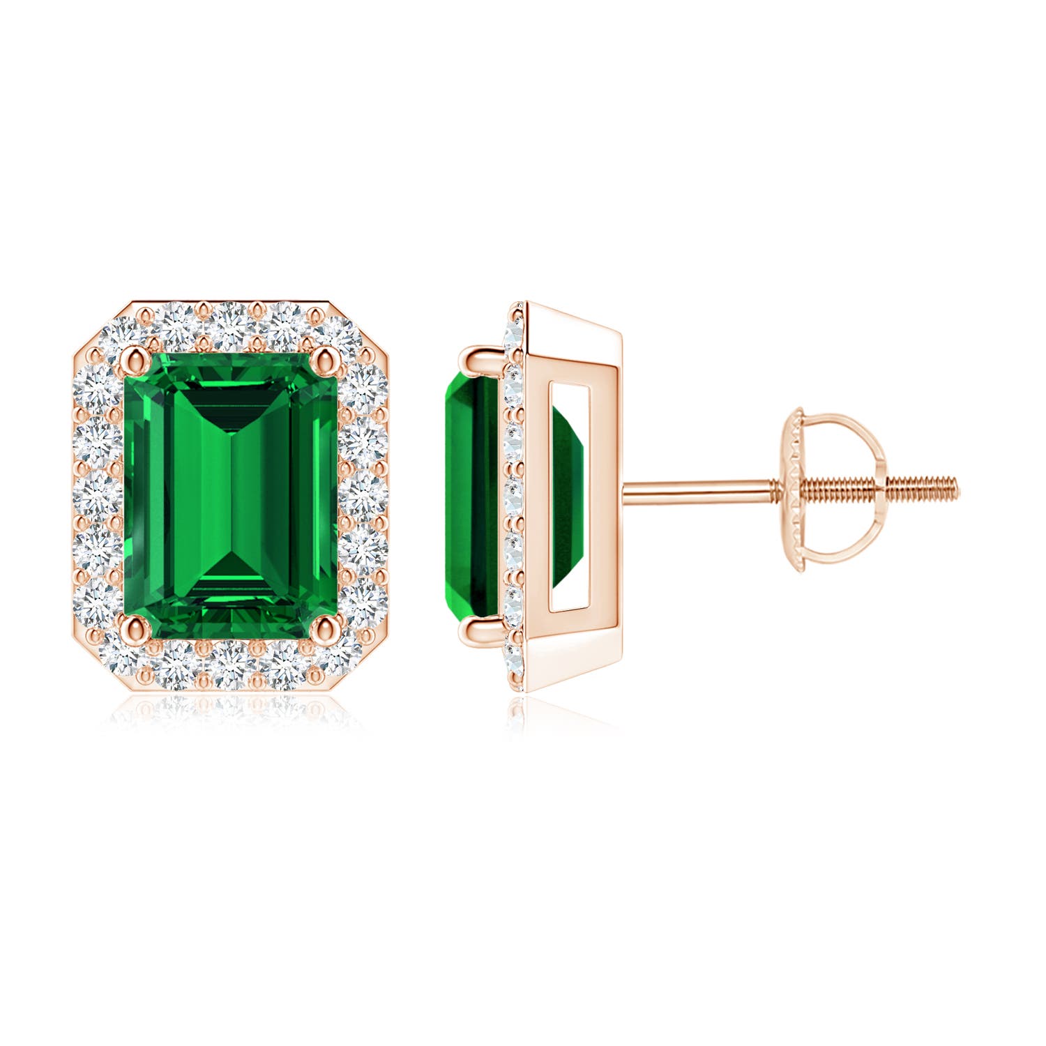 8x6mm Labgrown Lab-Grown Emerald-Cut Emerald Stud Earrings with Lab Diamond Halo in Rose Gold