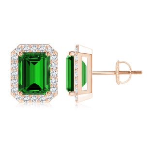 8x6mm Labgrown Lab-Grown Emerald-Cut Emerald Stud Earrings with Diamond Halo in Rose Gold