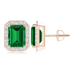 9x7mm Labgrown Lab-Grown Emerald-Cut Emerald Stud Earrings with Lab Diamond Halo in 18K Rose Gold