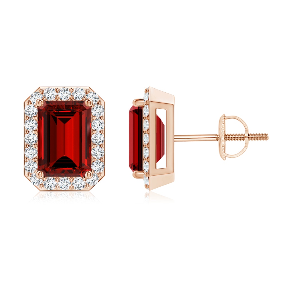 7x5mm Labgrown Lab-Grown Emerald-Cut Ruby Stud Earrings with Diamond Halo in Rose Gold
