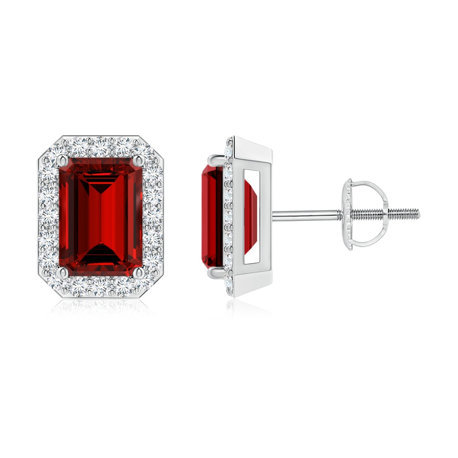 7x5mm Labgrown Lab-Grown Emerald-Cut Ruby Stud Earrings with Diamond Halo in White Gold 