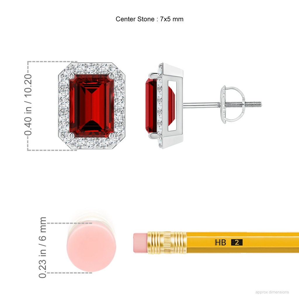 7x5mm Labgrown Lab-Grown Emerald-Cut Ruby Stud Earrings with Diamond Halo in White Gold ruler