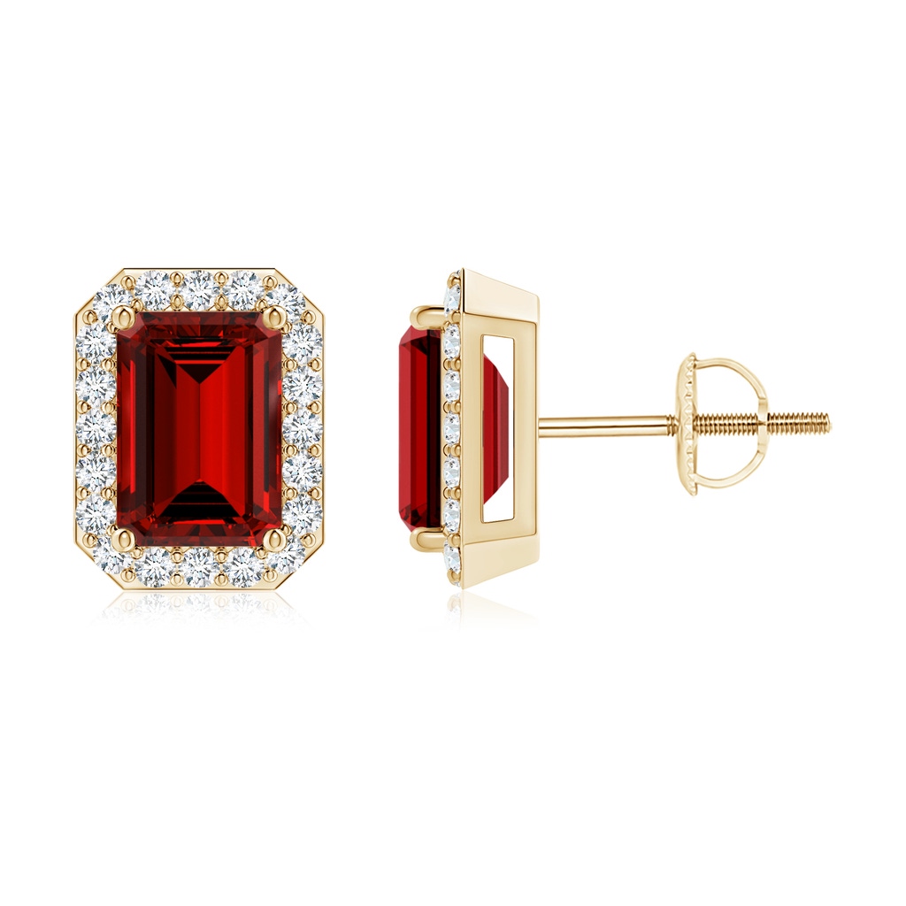 7x5mm Labgrown Lab-Grown Emerald-Cut Ruby Stud Earrings with Diamond Halo in Yellow Gold