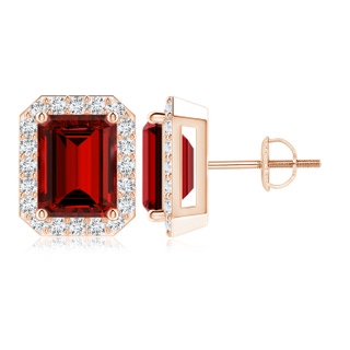 9x7mm Labgrown Lab-Grown Emerald-Cut Ruby Stud Earrings with Diamond Halo in Rose Gold