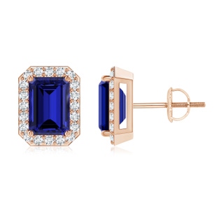 7x5mm Labgrown Lab-Grown Emerald-Cut Sapphire Stud Earrings with Diamond Halo in 9K Rose Gold