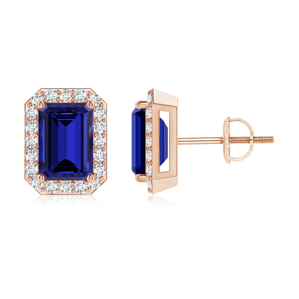 7x5mm Labgrown Lab-Grown Emerald-Cut Sapphire Stud Earrings with Diamond Halo in Rose Gold
