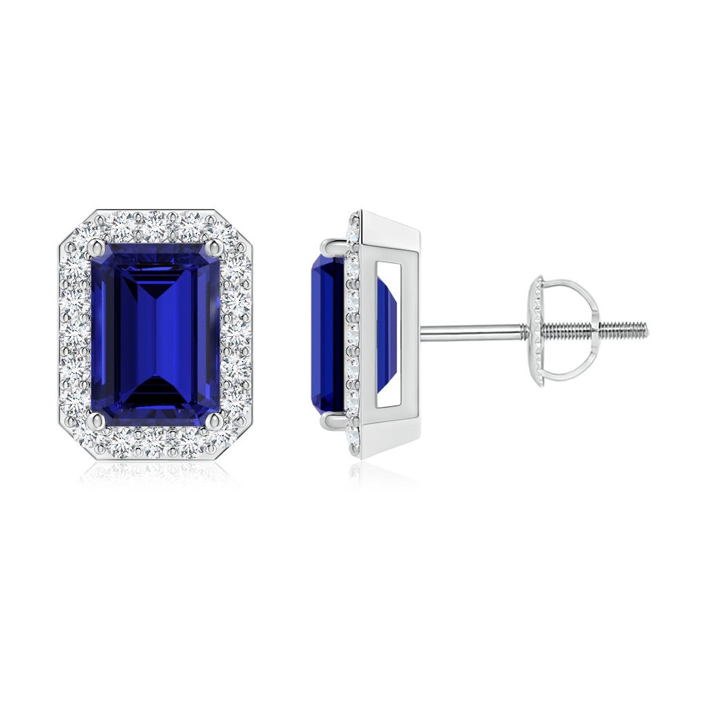 7x5mm Labgrown Lab-Grown Emerald-Cut Sapphire Stud Earrings with Diamond Halo in White Gold