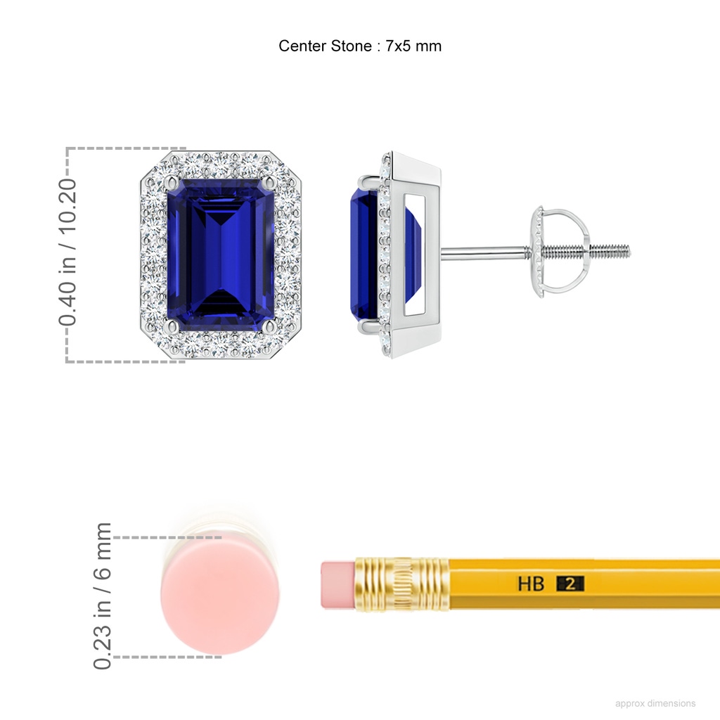 7x5mm Labgrown Lab-Grown Emerald-Cut Sapphire Stud Earrings with Diamond Halo in White Gold ruler