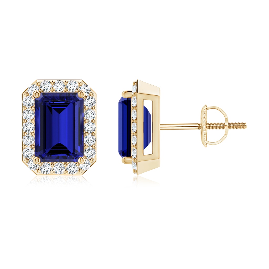 7x5mm Labgrown Lab-Grown Emerald-Cut Sapphire Stud Earrings with Diamond Halo in Yellow Gold
