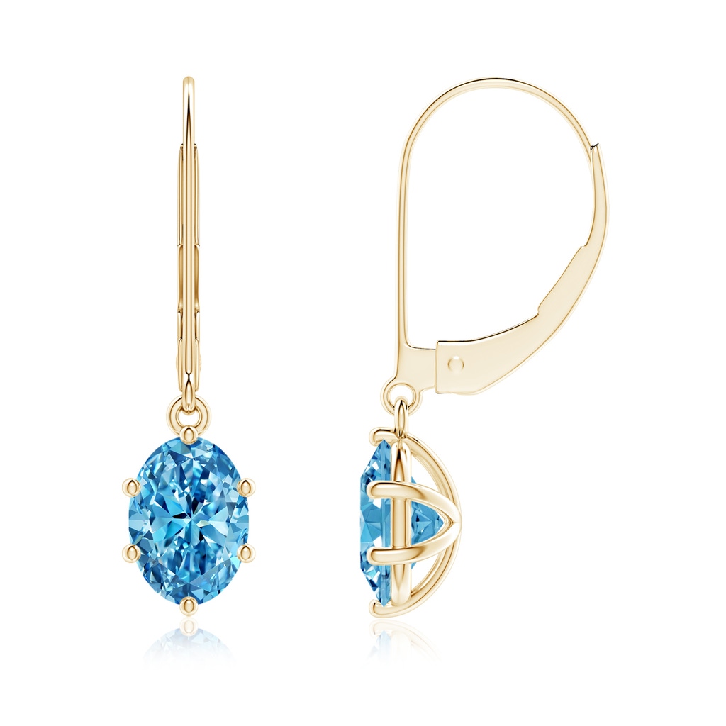 7.3x5.2mm Labgrown Oval Lab-Grown Fancy Intense Blue Diamond Leverback Drop Earrings in Yellow Gold