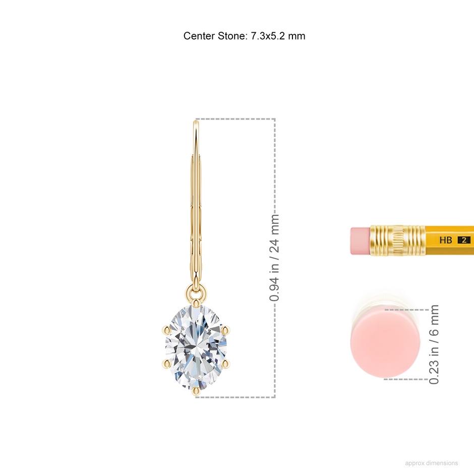 7.3x5.2mm FGVS Lab-Grown Oval Diamond Leverback Drop Earrings in Yellow Gold ruler