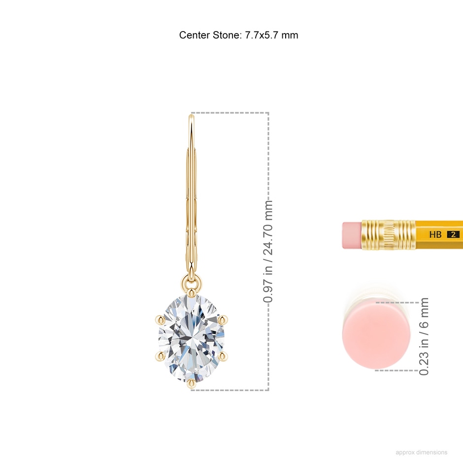 7.7x5.7mm FGVS Lab-Grown Oval Diamond Leverback Drop Earrings in Yellow Gold ruler