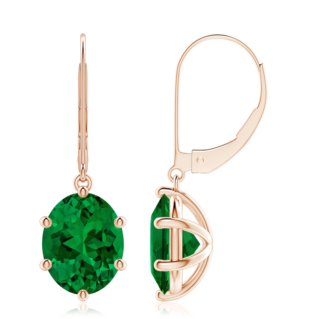 10x8mm Labgrown Lab-Grown Oval Emerald Leverback Drop Earrings in Rose Gold
