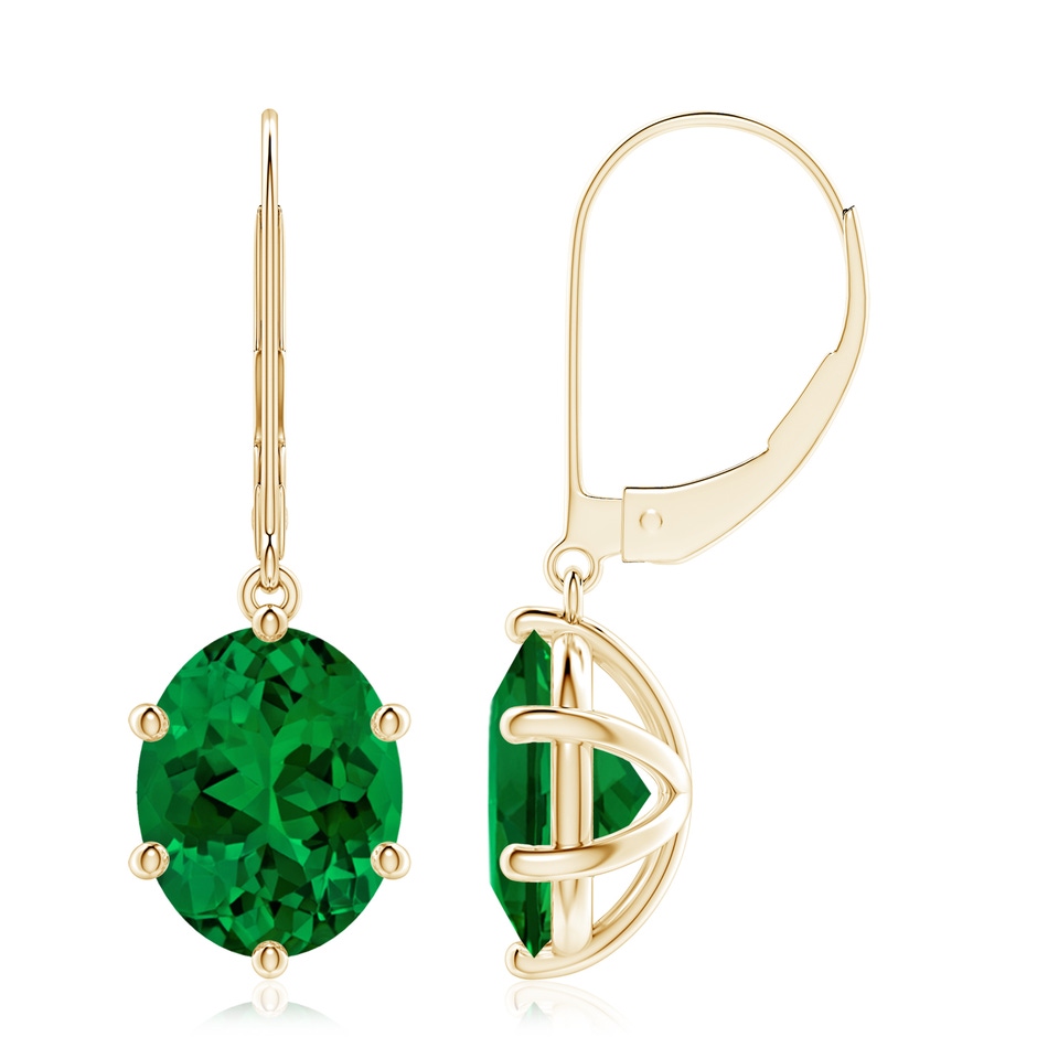 10x8mm Labgrown Lab-Grown Oval Emerald Leverback Drop Earrings in Yellow Gold 