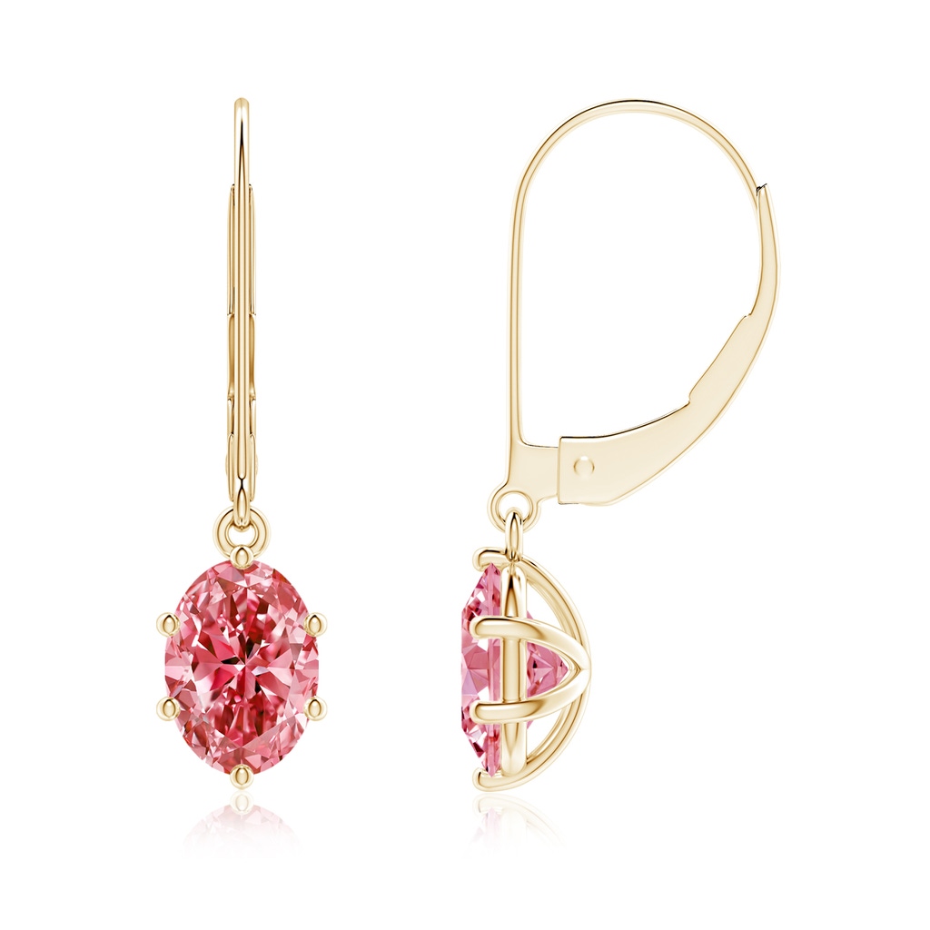 7.3x5.2mm Labgrown Oval Lab-Grown Fancy Intense Pink Diamond Leverback Drop Earrings in Yellow Gold