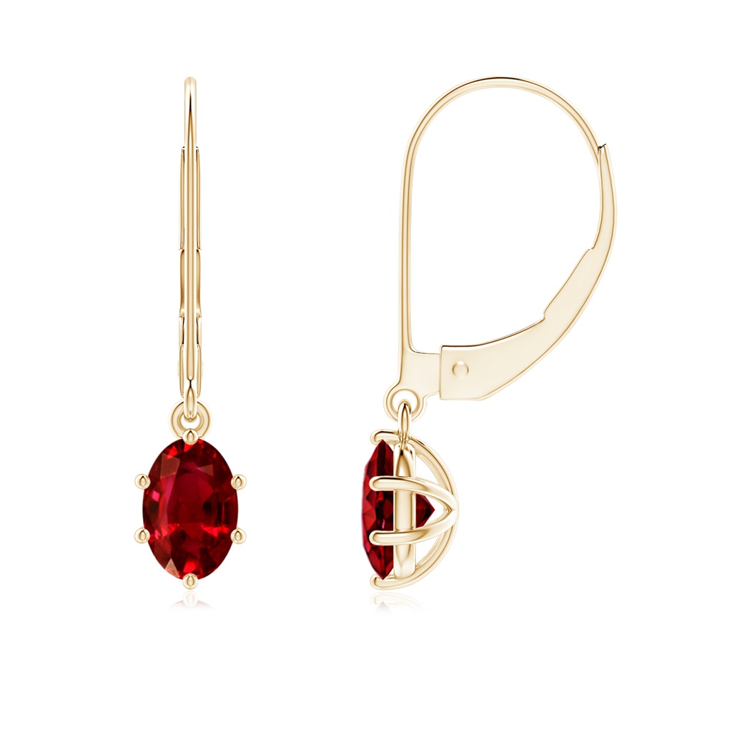 6x4mm Labgrown Lab-Grown Oval Ruby Leverback Drop Earrings in Yellow Gold