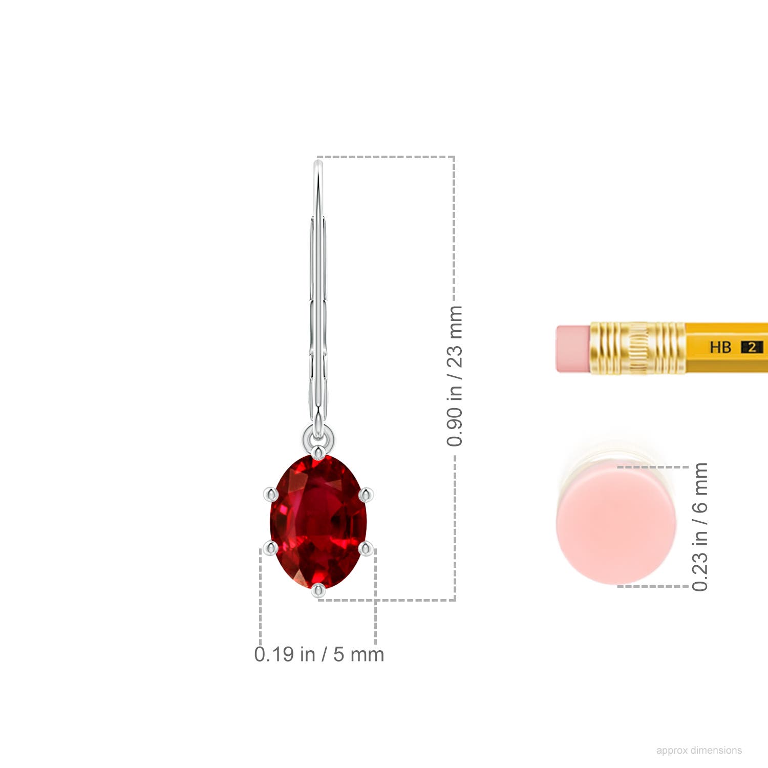 7x5mm Labgrown Lab-Grown Oval Ruby Leverback Drop Earrings in White Gold - ruler