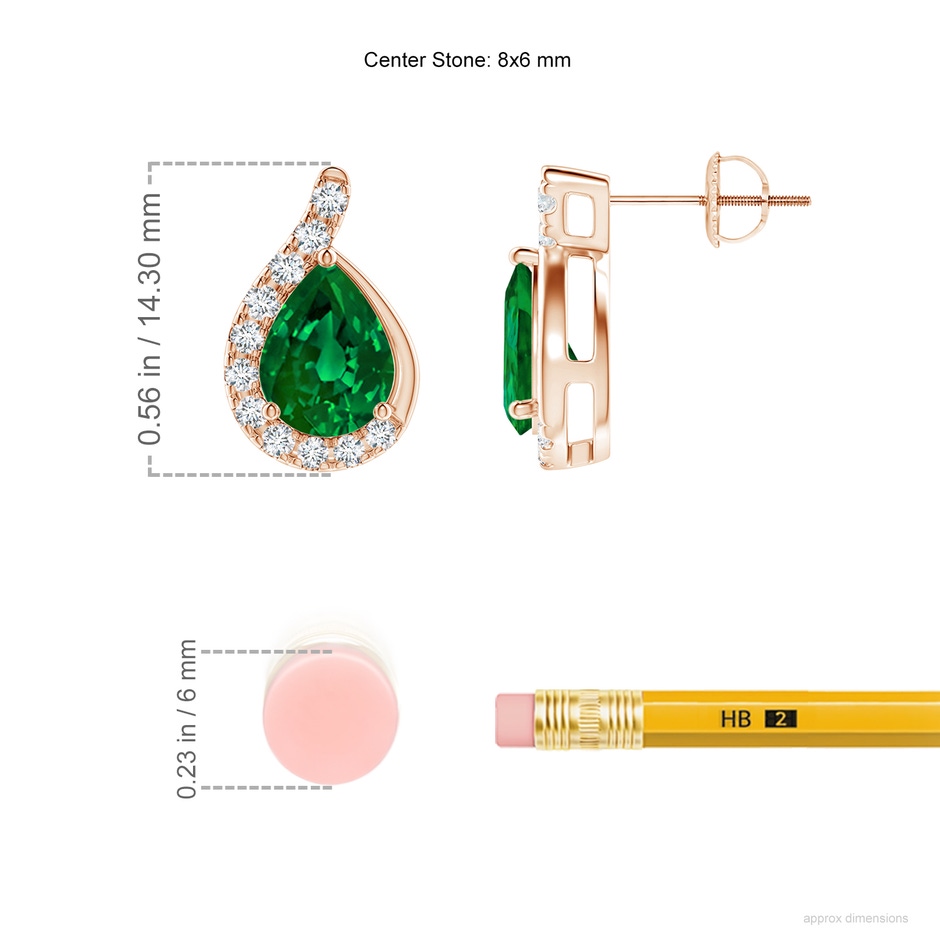 8x6mm Labgrown Lab-Grown Pear Emerald Earrings with Lab Diamond Swirl Frame in Rose Gold ruler