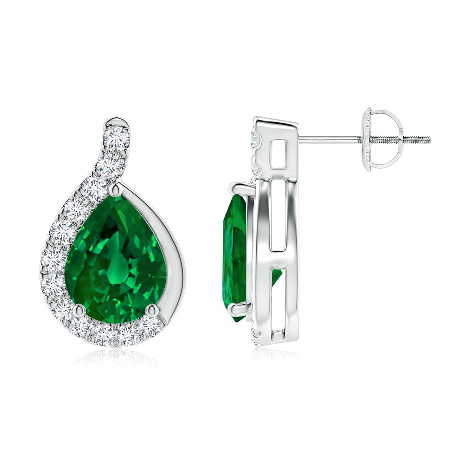 9x7mm Labgrown Lab-Grown Pear Emerald Earrings with Lab Diamond Swirl Frame in 18K White Gold side 199