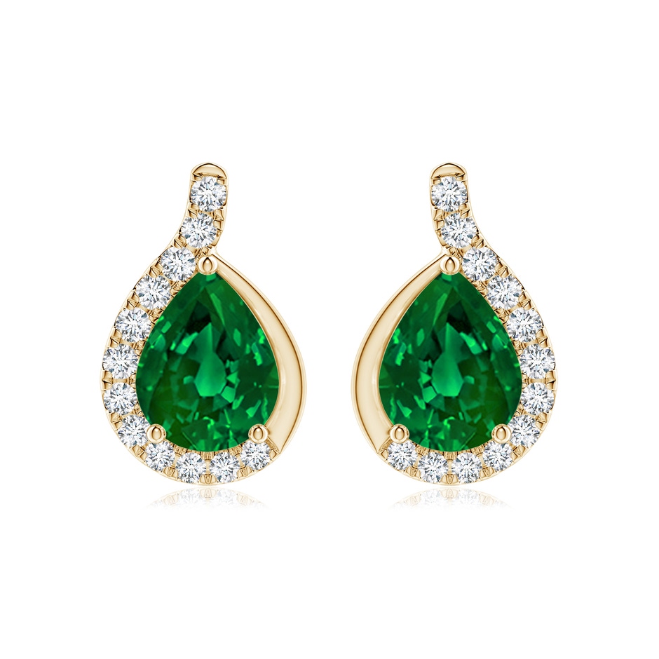 9x7mm Labgrown Lab-Grown Pear Emerald Earrings with Lab Diamond Swirl Frame in Yellow Gold 