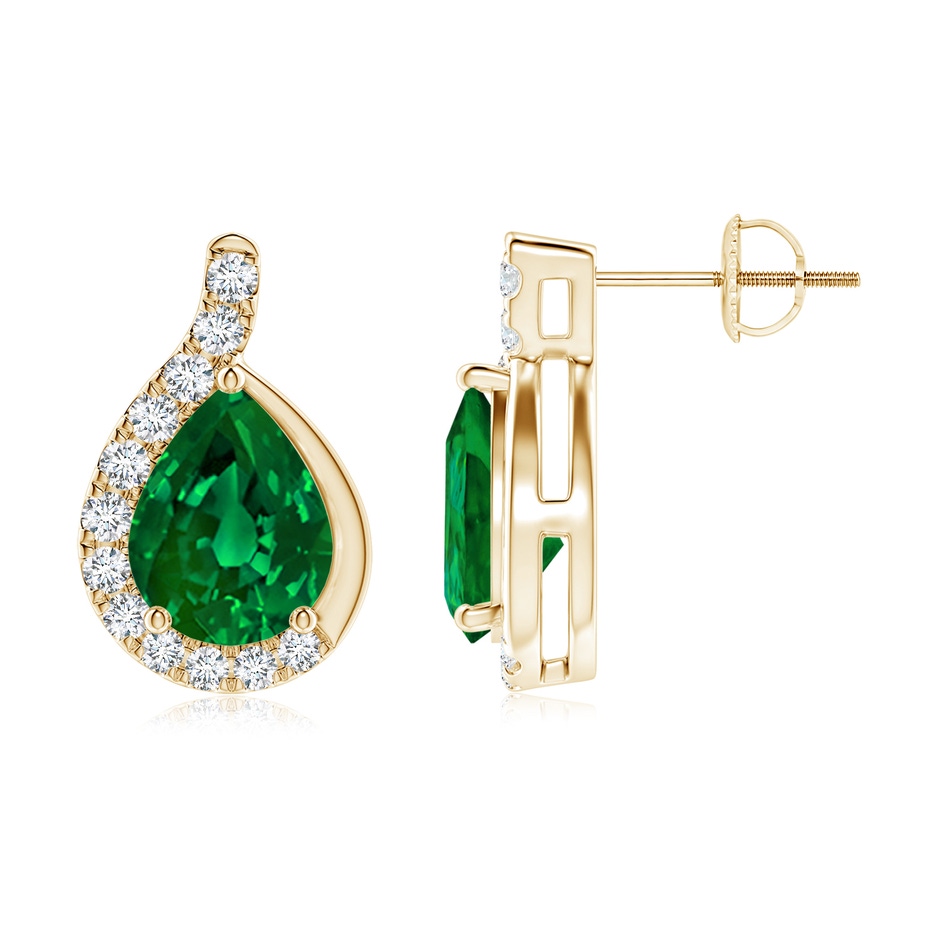 9x7mm Labgrown Lab-Grown Pear Emerald Earrings with Lab Diamond Swirl Frame in Yellow Gold side 199