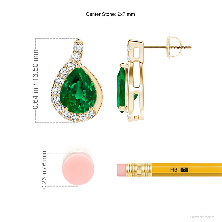 9x7mm Labgrown Lab-Grown Pear Emerald Earrings with Lab Diamond Swirl Frame in Yellow Gold ruler