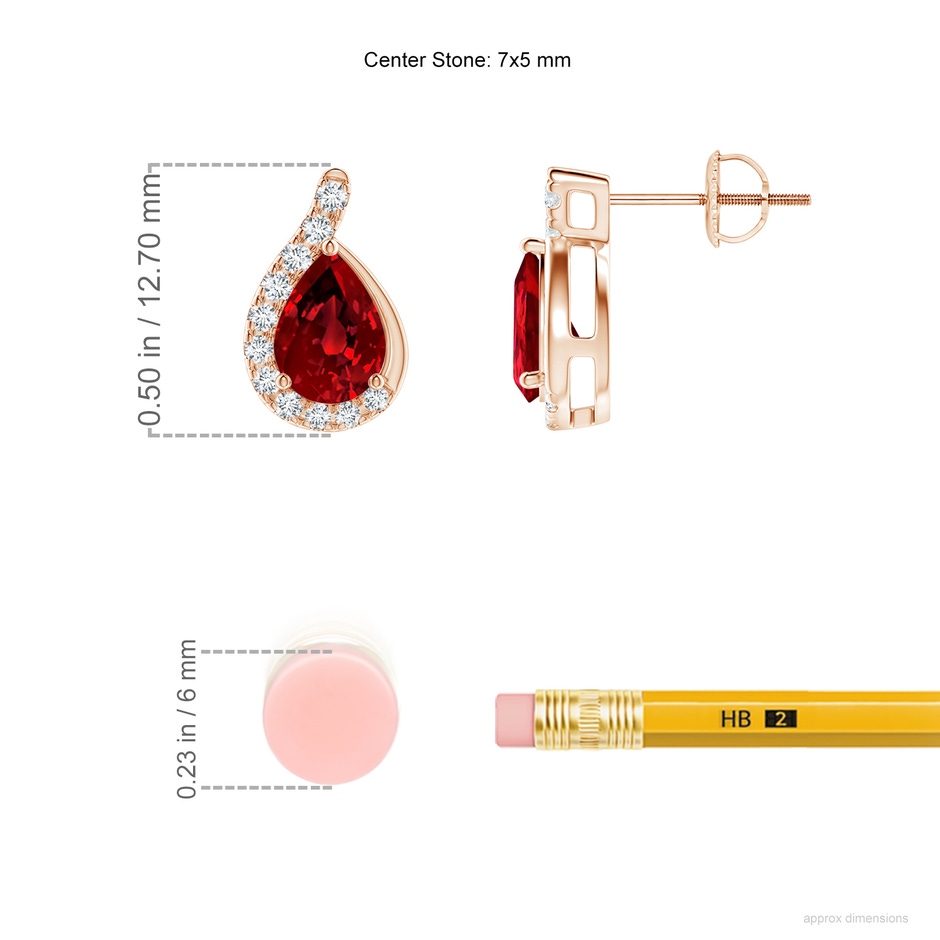 7x5mm Labgrown Lab-Grown Pear Ruby Earrings with Lab Diamond Swirl Frame in Rose Gold ruler