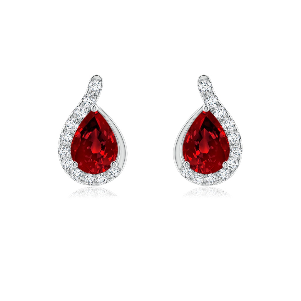7x5mm Labgrown Lab-Grown Pear Ruby Earrings with Lab Diamond Swirl Frame in White Gold 