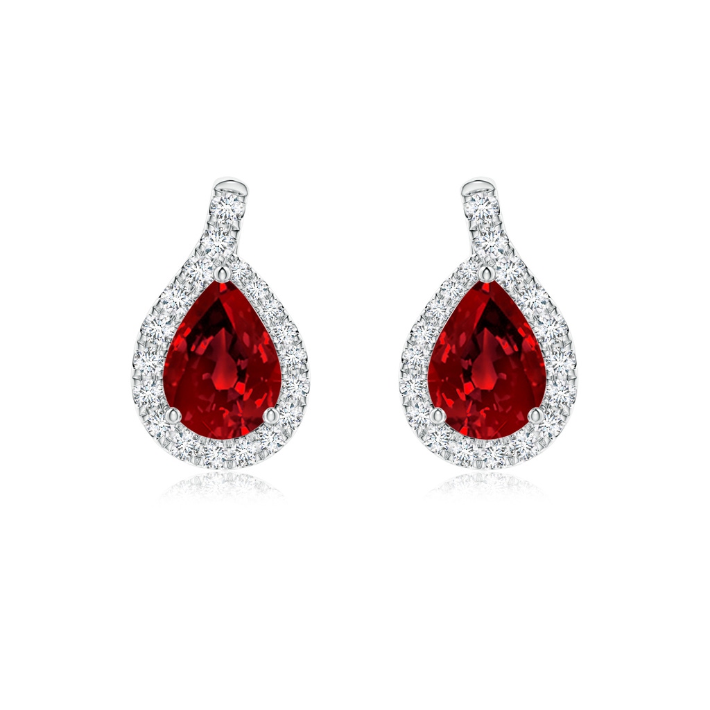 7x5mm Labgrown Lab-Grown Pear Ruby Earrings with Lab Diamond Swirl Frame in White Gold