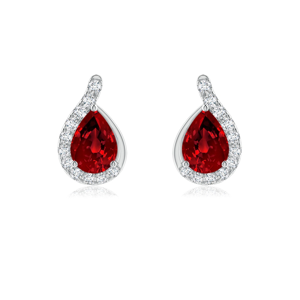 7x5mm Labgrown Lab-Grown Pear Ruby Earrings with Lab Diamond Swirl Frame in White Gold