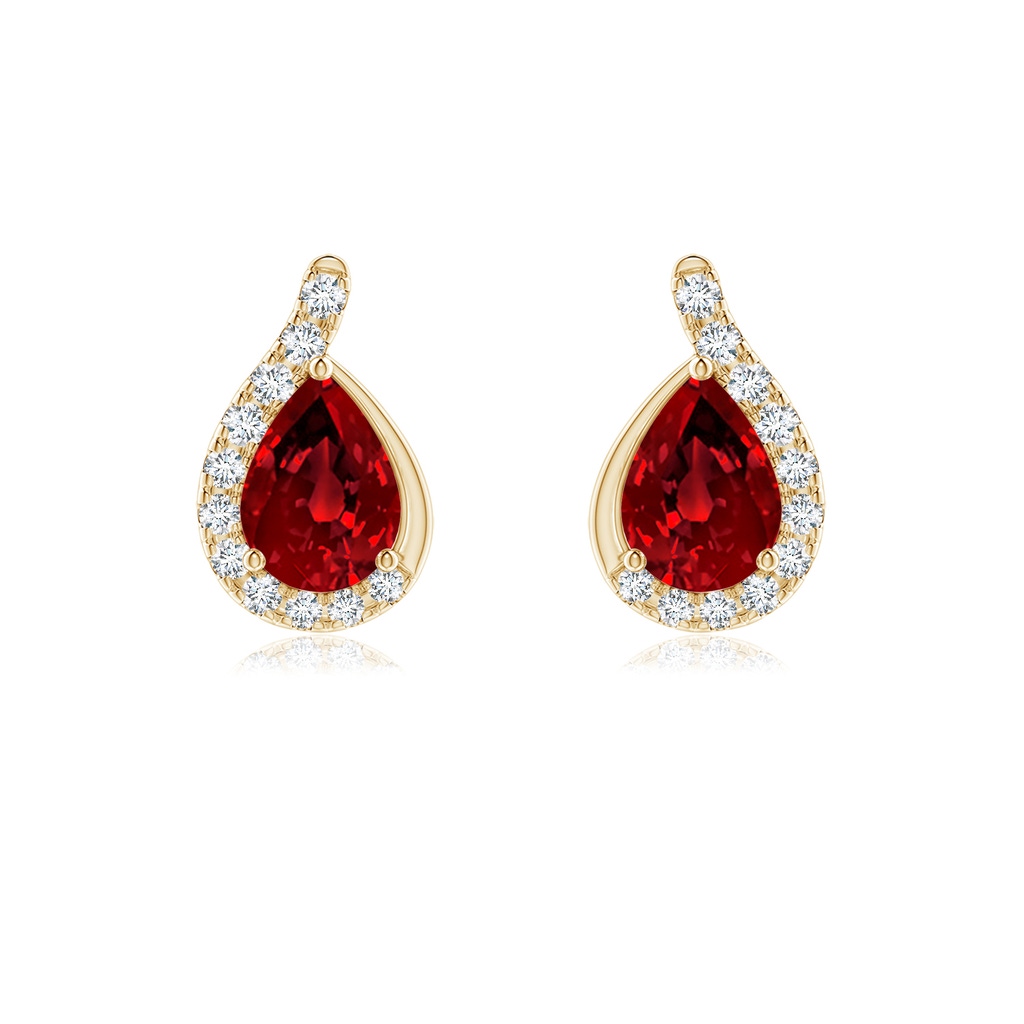 7x5mm Labgrown Lab-Grown Pear Ruby Earrings with Lab Diamond Swirl Frame in Yellow Gold