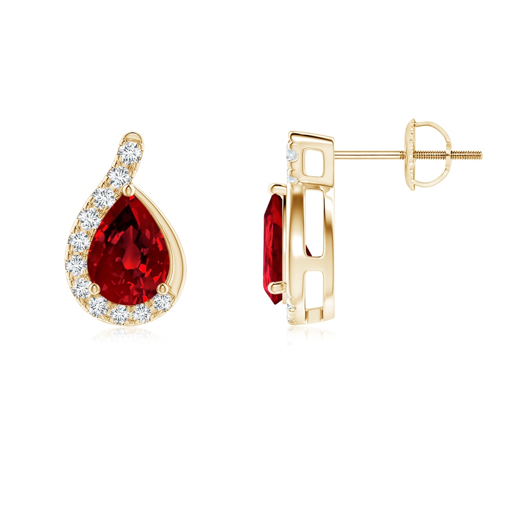 7x5mm Labgrown Lab-Grown Pear Ruby Earrings with Lab Diamond Swirl Frame in Yellow Gold - side 199