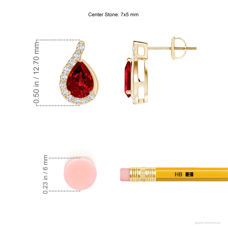 7x5mm Labgrown Lab-Grown Pear Ruby Earrings with Lab Diamond Swirl Frame in Yellow Gold ruler