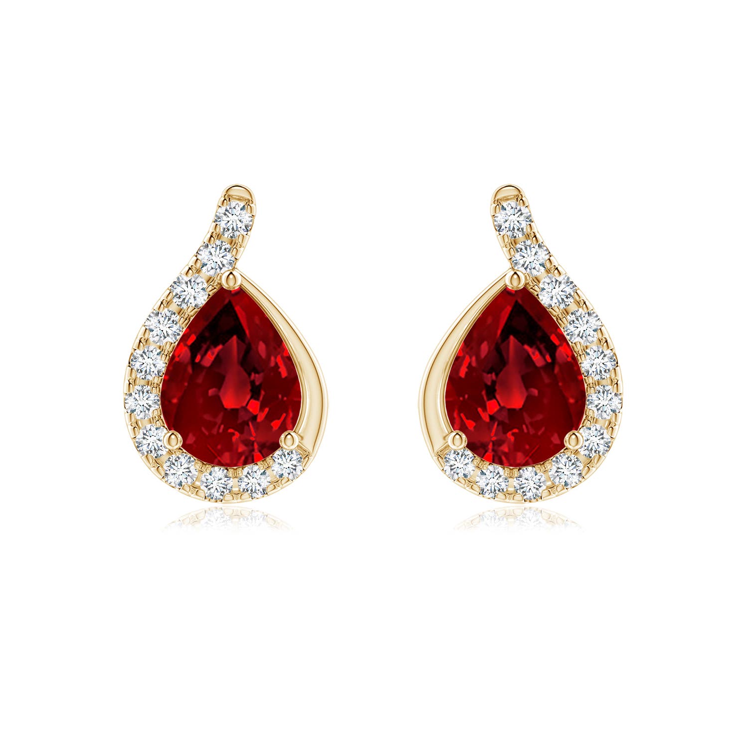 8x6mm Labgrown Lab-Grown Pear Ruby Earrings with Lab Diamond Swirl Frame in 18K Yellow Gold
