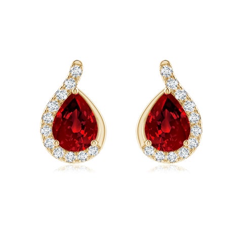 8x6mm Labgrown Lab-Grown Pear Ruby Earrings with Lab Diamond Swirl Frame in 18K Yellow Gold