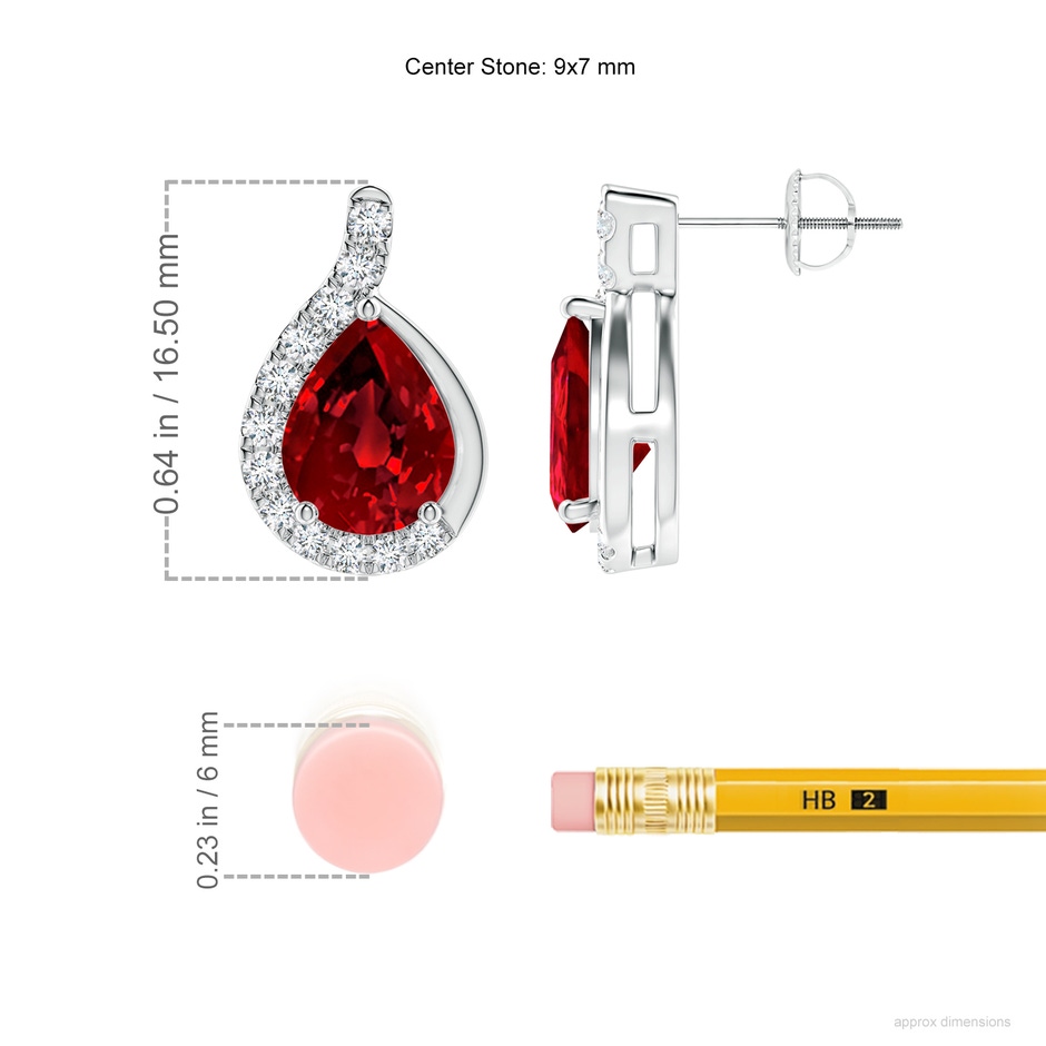 9x7mm Labgrown Lab-Grown Pear Ruby Earrings with Lab Diamond Swirl Frame in P950 Platinum ruler