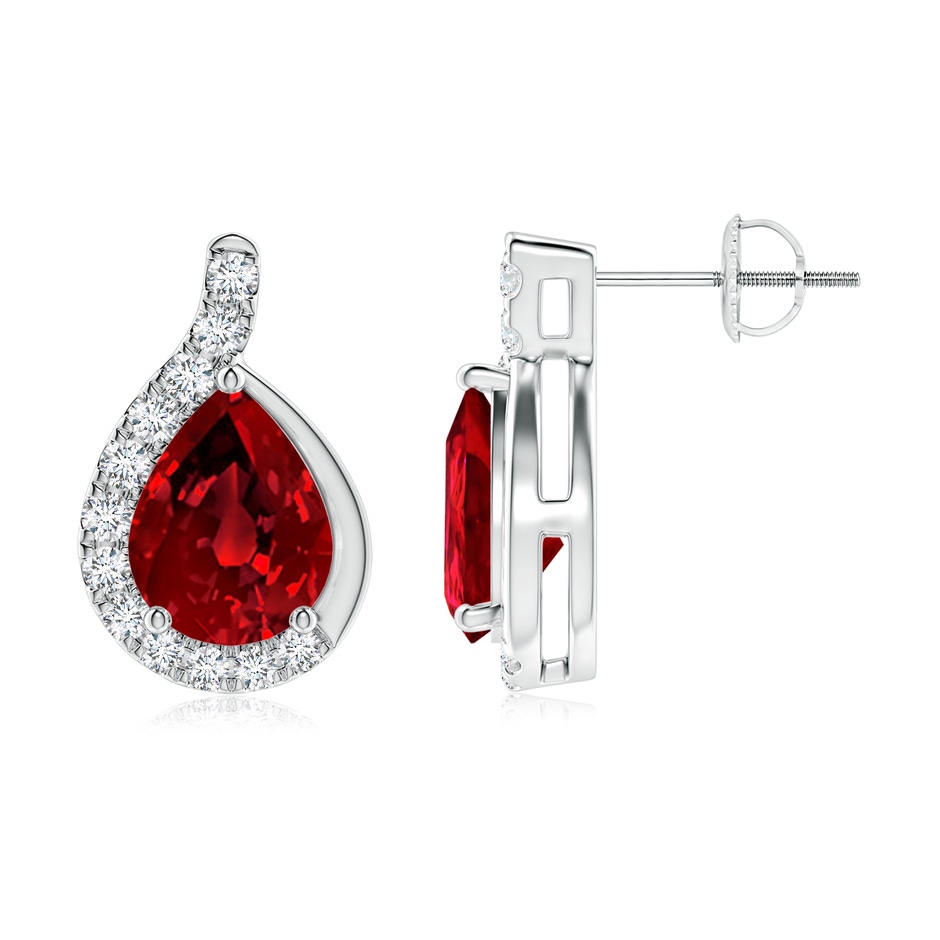 9x7mm Labgrown Lab-Grown Pear Ruby Earrings with Lab Diamond Swirl Frame in White Gold side 199