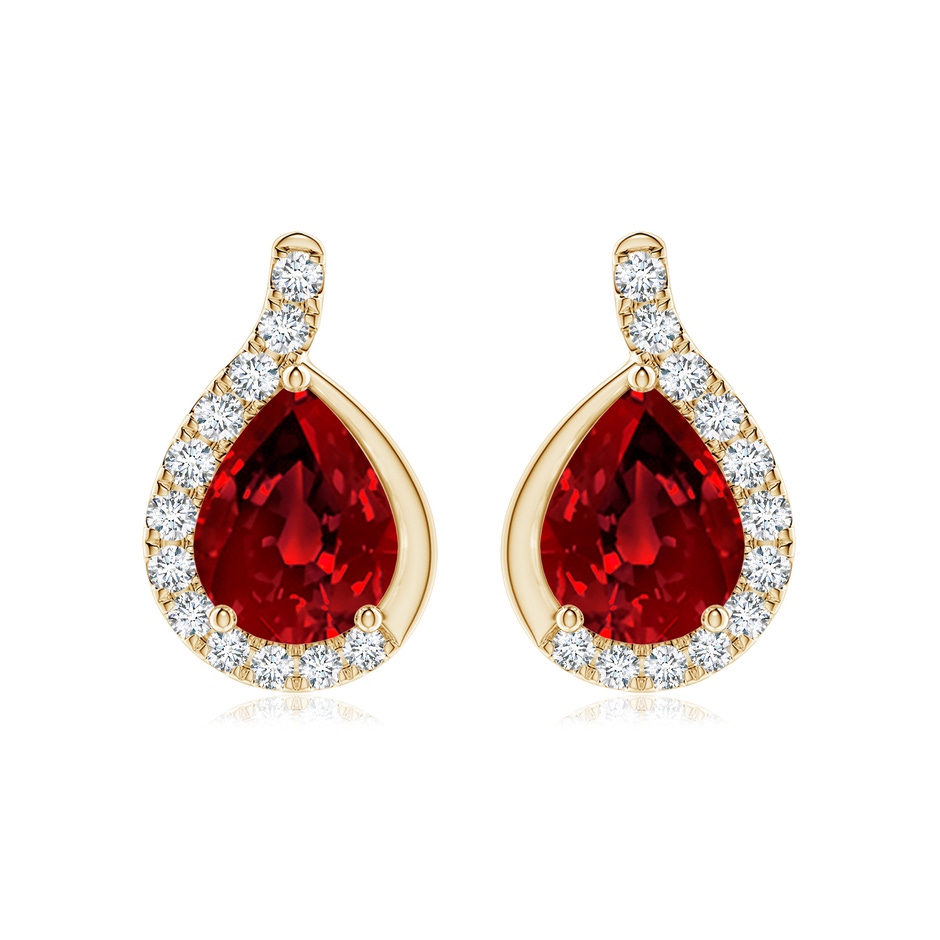 9x7mm Labgrown Lab-Grown Pear Ruby Earrings with Lab Diamond Swirl Frame in Yellow Gold 