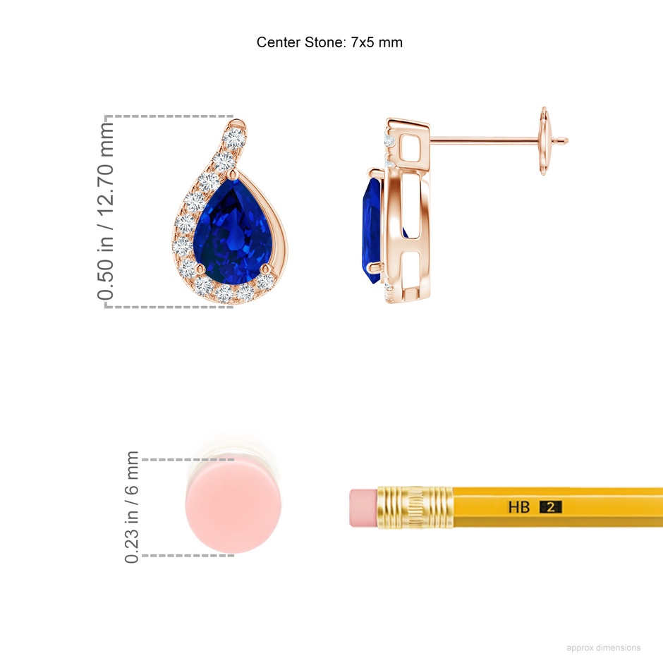 7x5mm Labgrown Lab-Grown Pear Blue Sapphire Earrings with Lab Diamond Swirl Frame in Rose Gold ruler