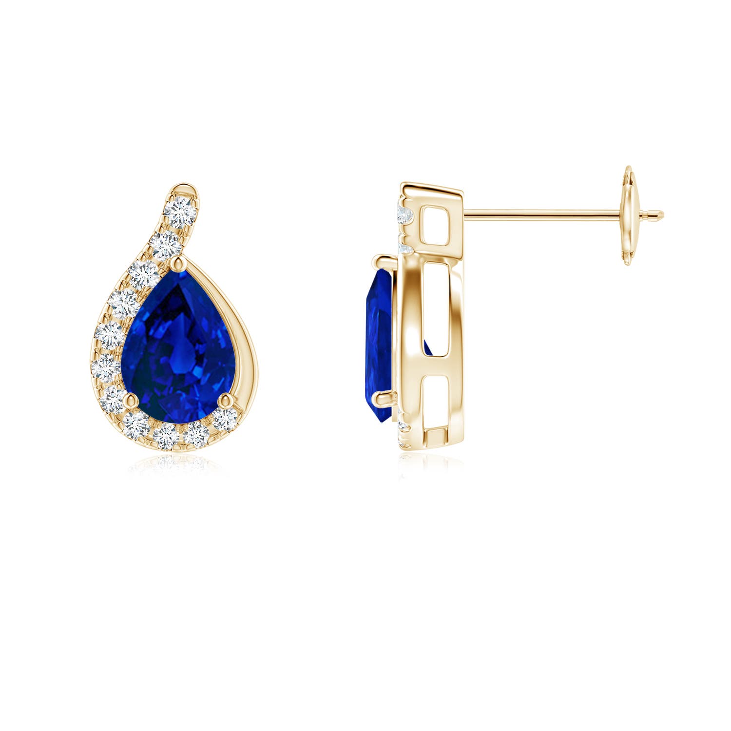 7x5mm Labgrown Lab-Grown Pear Blue Sapphire Earrings with Lab Diamond Swirl Frame in Yellow Gold - side 3