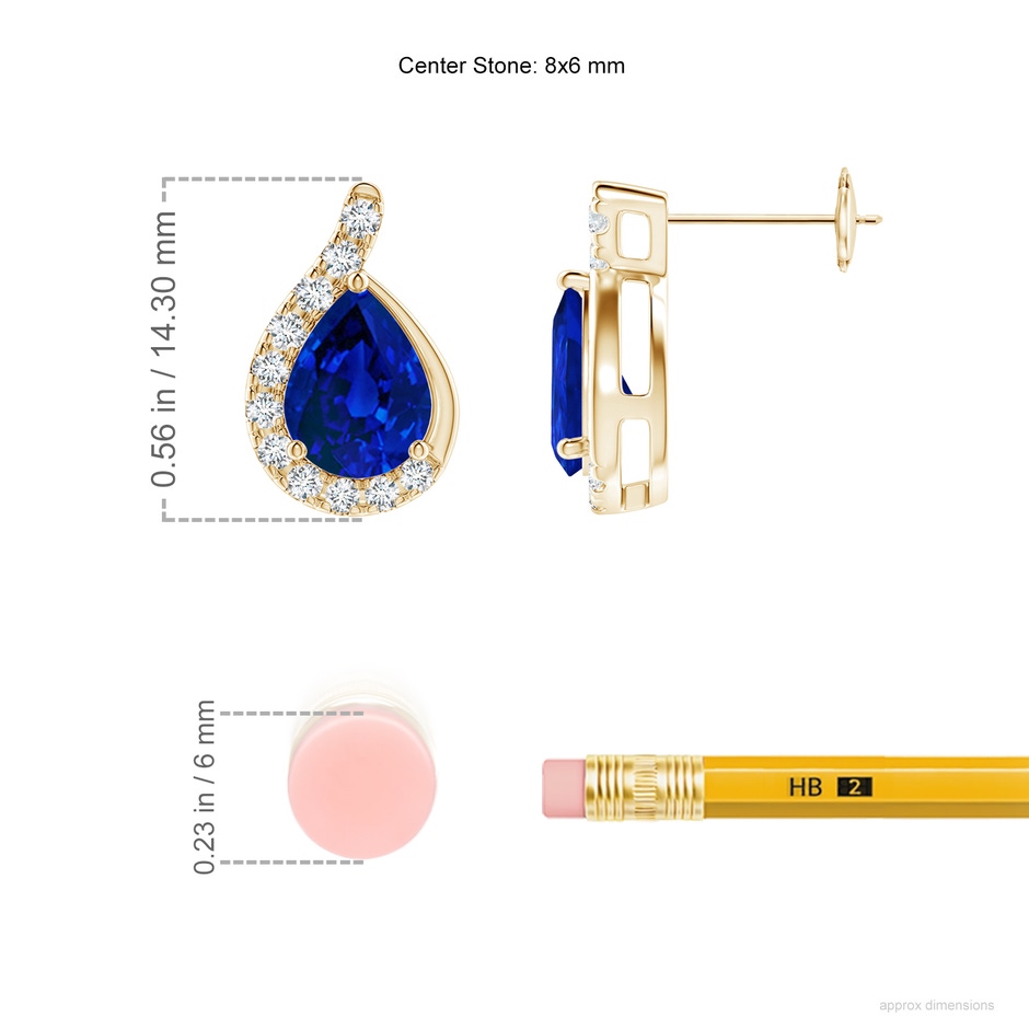 8x6mm Labgrown Lab-Grown Pear Blue Sapphire Earrings with Lab Diamond Swirl Frame in Yellow Gold ruler