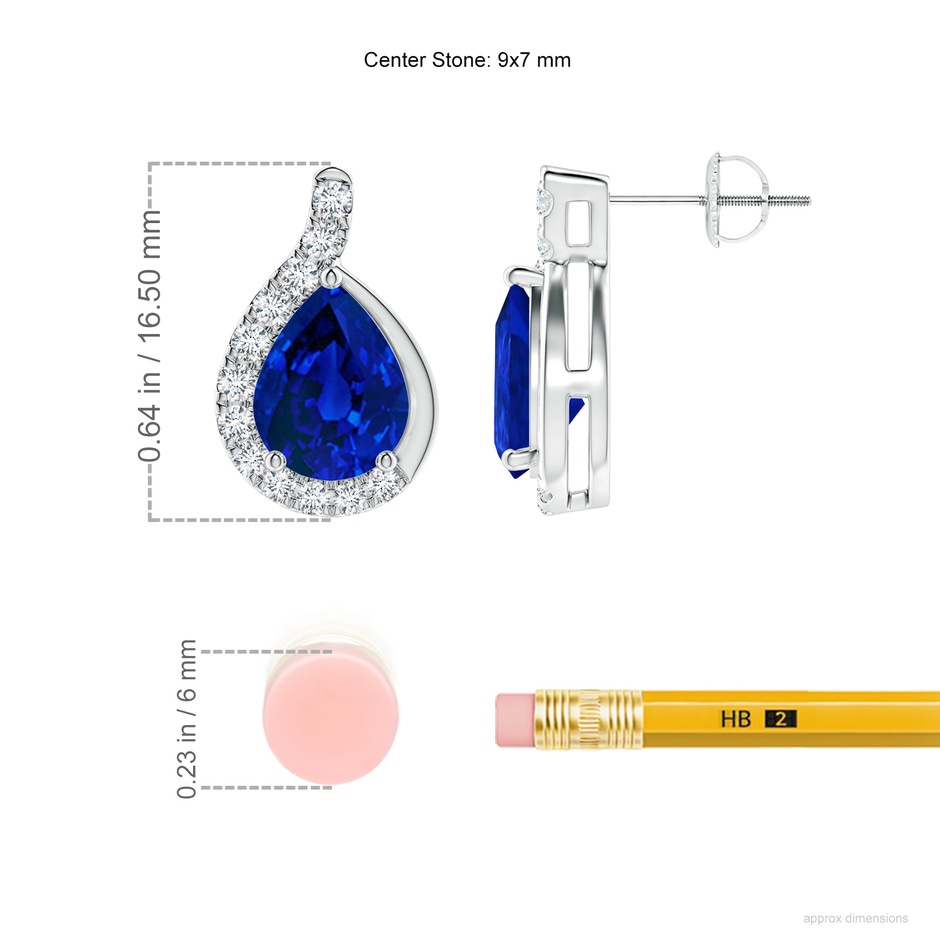 9x7mm Labgrown Lab-Grown Pear Blue Sapphire Earrings with Lab Diamond Swirl Frame in P950 Platinum ruler