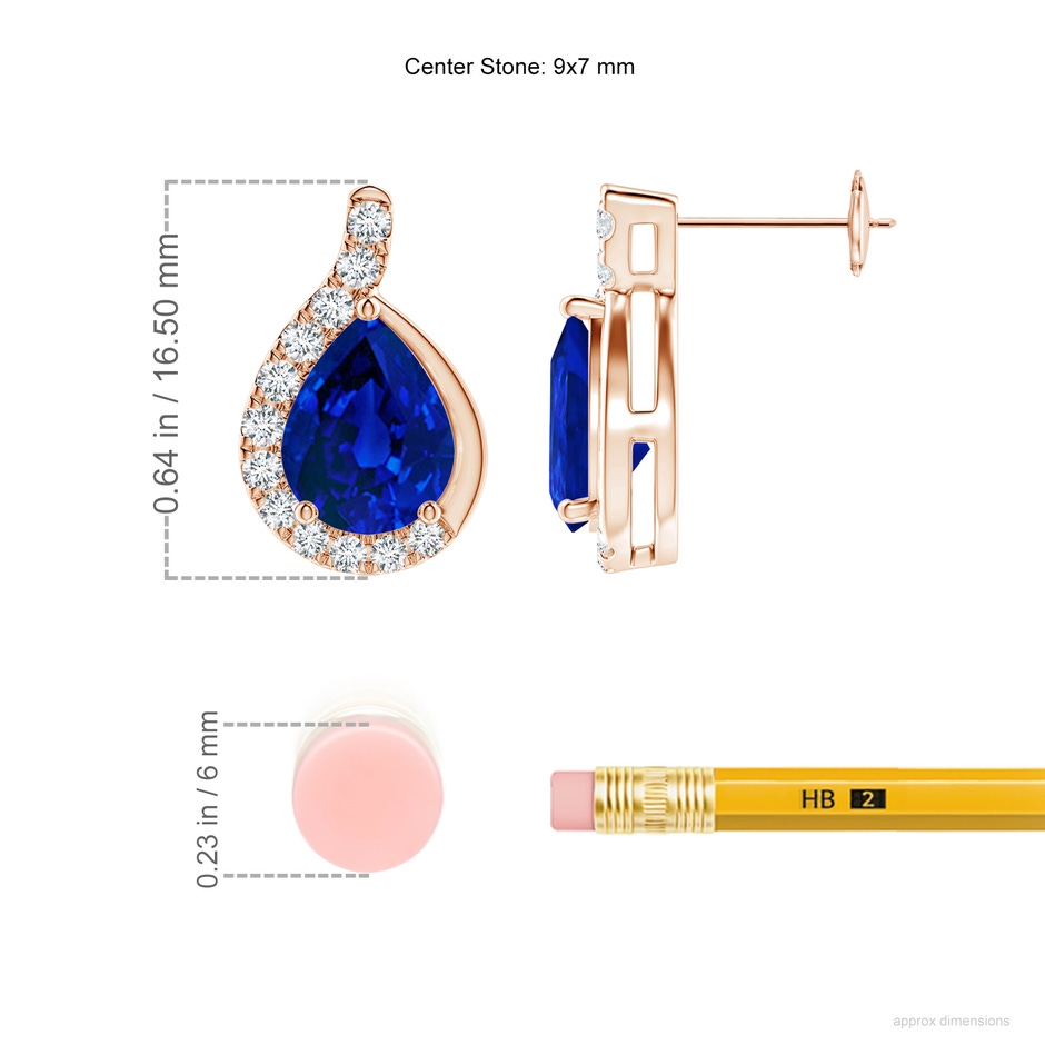 9x7mm Labgrown Lab-Grown Pear Blue Sapphire Earrings with Lab Diamond Swirl Frame in Rose Gold ruler