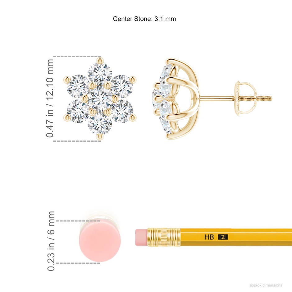 3.1mm FGVS Lab-Grown Six Petal Diamond Flower Stud Earrings in Yellow Gold ruler