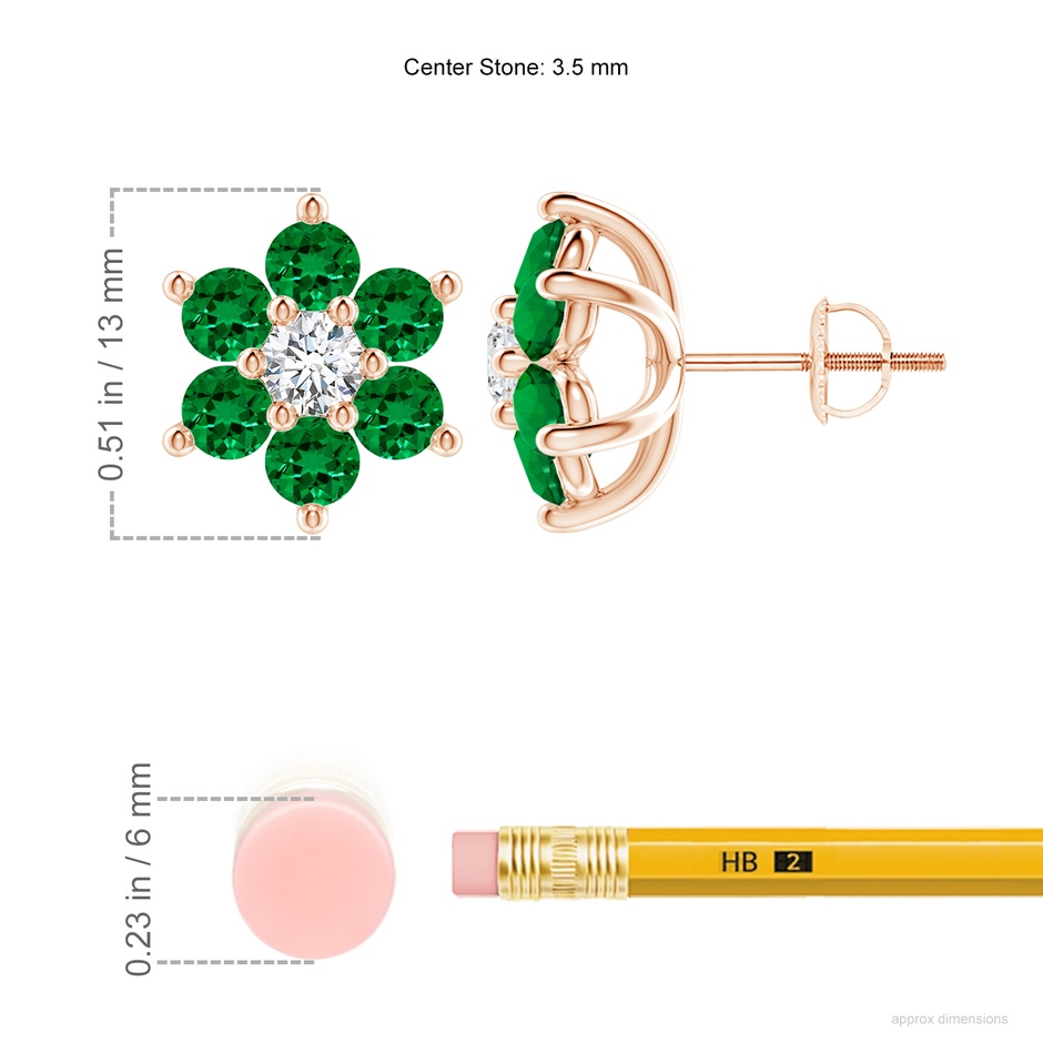 3.5mm Labgrown Lab-Grown Six Petal Emerald and Lab Diamond Flower Stud Earrings in 18K Rose Gold ruler