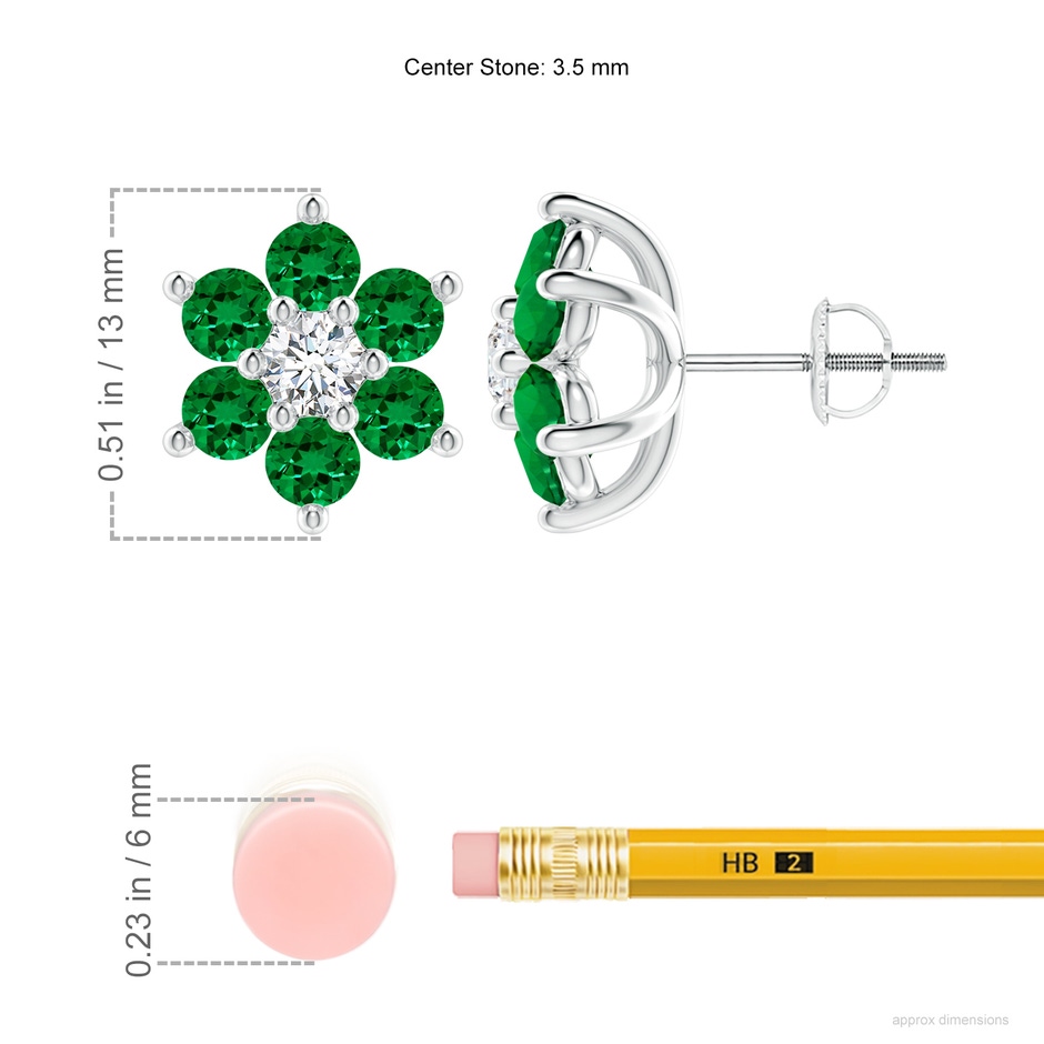 3.5mm Labgrown Lab-Grown Six Petal Emerald and Lab Diamond Flower Stud Earrings in 18K White Gold ruler