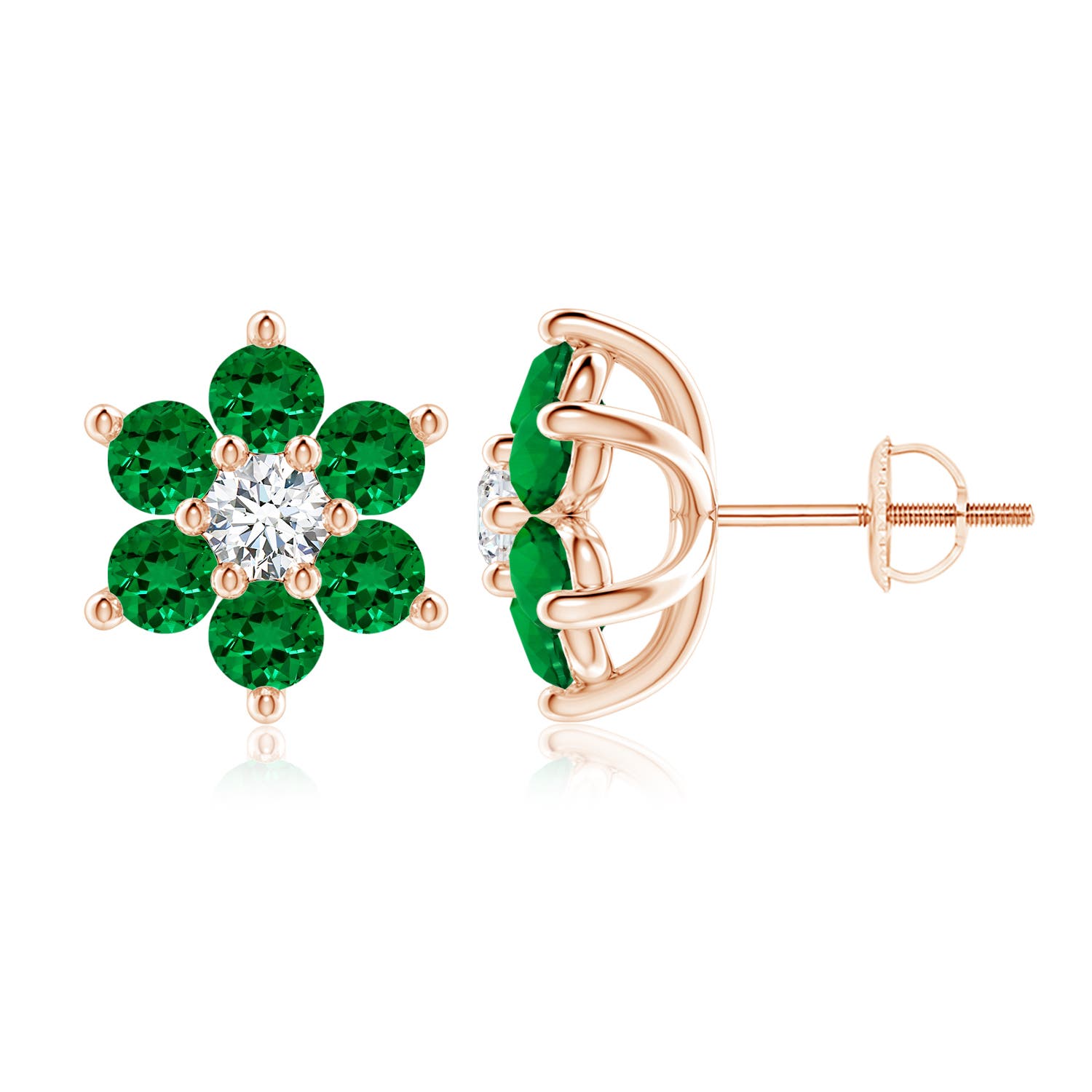 3.5mm Labgrown Lab-Grown Six Petal Emerald and Lab Diamond Flower Stud Earrings in Rose Gold